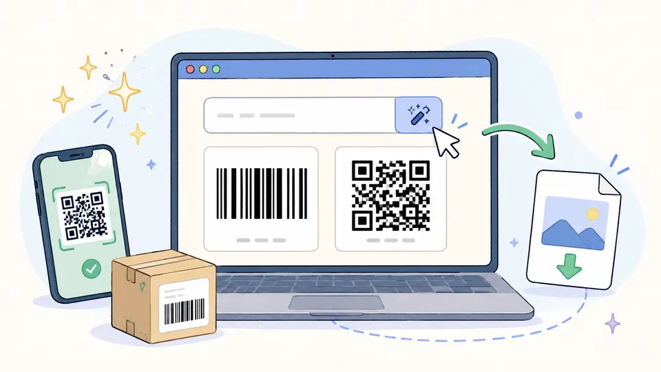 바코드 만들기: 텍스트·숫자로 EAN·Code128·QR PNG를 생성하는 흐름 일러스트