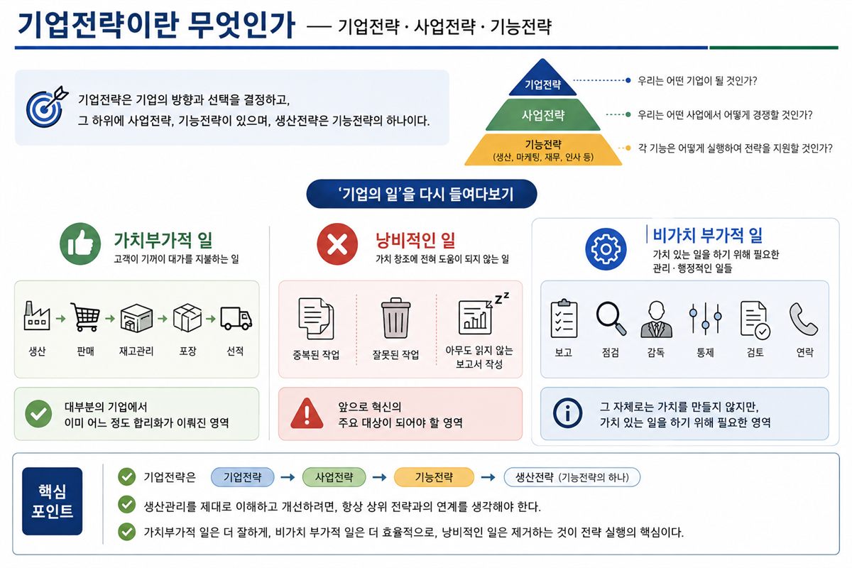 기업전략 개념도 — 기업전략·사업전략·기능전략 3층 구조