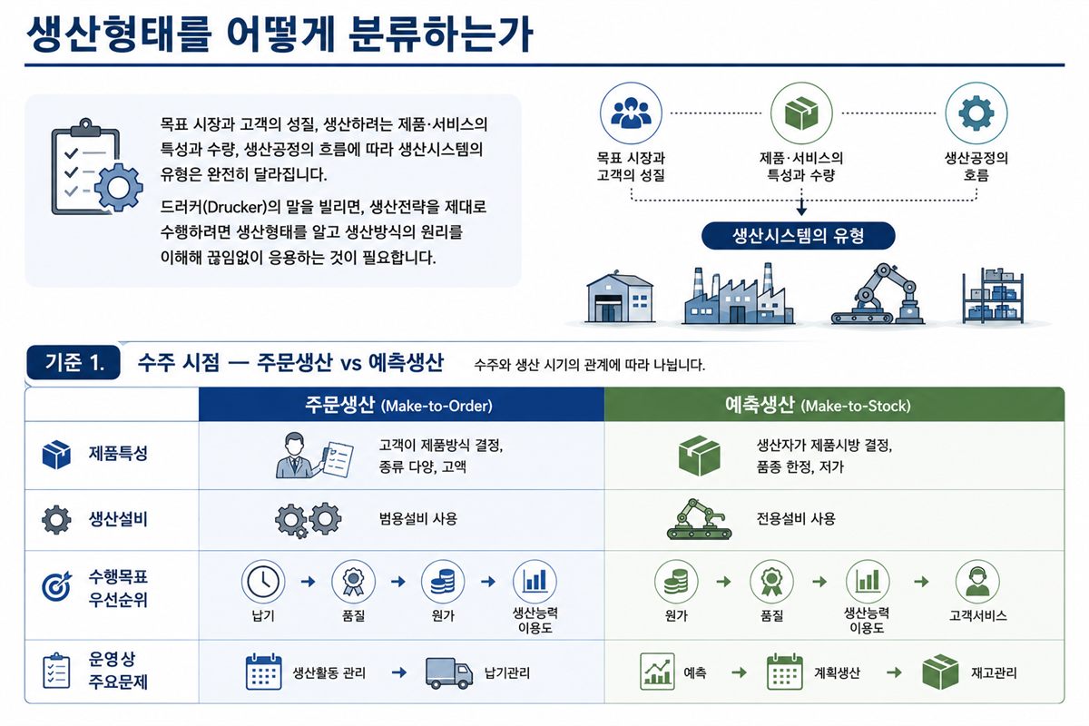 생산형태 분류 체계 — 주문생산·예측생산·단속·연속생산 개념도