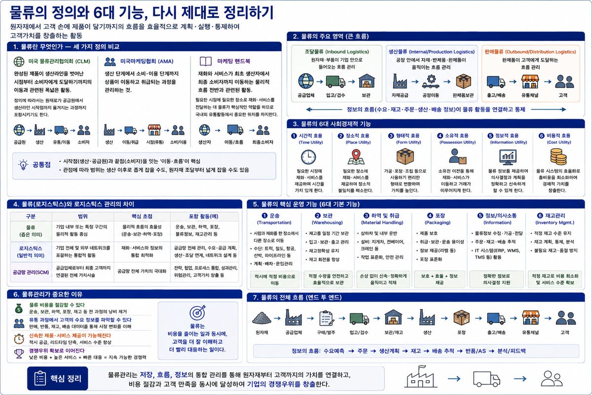 물류의 정의와 6대 기능 — 조달·생산·판매물류와 운송·보관·하역·포장