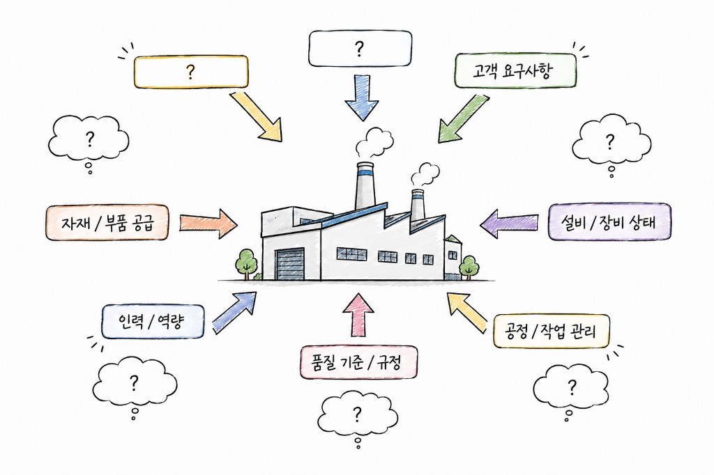공장으로 모이는 고객 요구사항, 자재 공급, 설비, 인력, 품질, 공정 관리와 수많은 물음표를 그린 생산관리 개념 일러스트